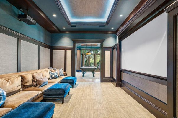 Billiard Table, Game Room, Interior, Pendant Lights, Projection Screen, Recessed Lighting, Wood Texture Flooring