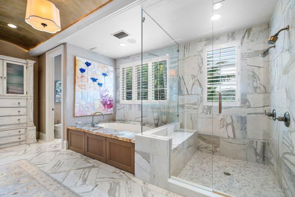 Bathroom, Glass Shower, Interior, Marble, Marble Walls, Recessed Lighting