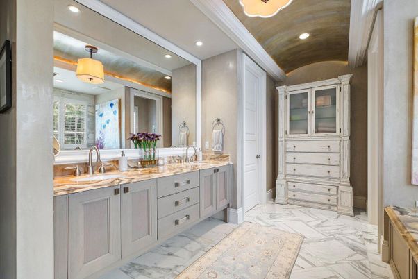 Bathroom, Dual Sink Vanities, Interior, Marble, Recessed Lighting