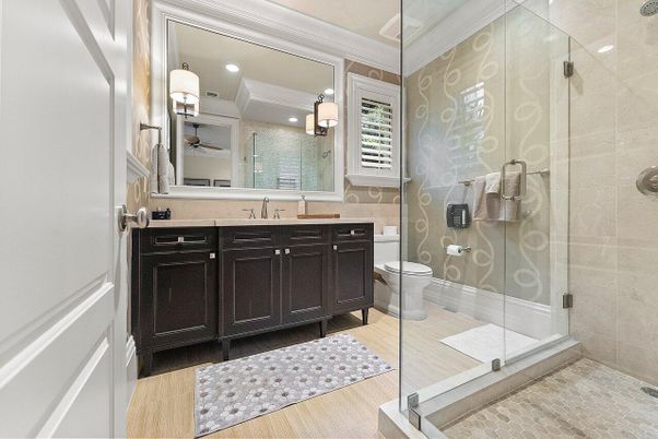 Bathroom, Glass Shower, Interior, Recessed Lighting, Wood Texture Flooring