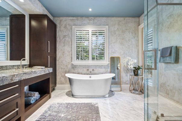 Bathroom, Free Standing Baths, Glass Shower, Interior, Marble, Recessed Lighting