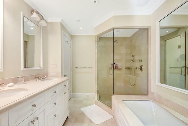 Bathroom, Dual Sink Vanities, Glass Shower, Interior, Recessed Lighting