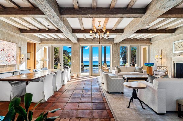 Chandelier, Dining room, Fireplace, Interior, Living room, Water, Wooden Beams