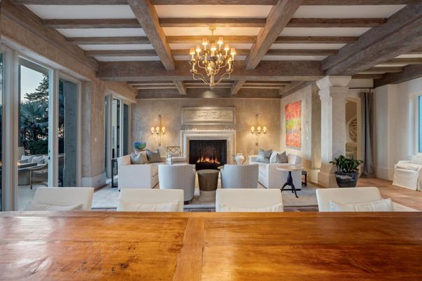 Chandelier, Dining room, Fireplace, Interior, Living room, Wooden Beams