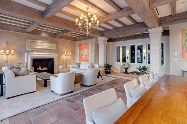 Chandelier, Fireplace, Interior, Living room, Wooden Beams