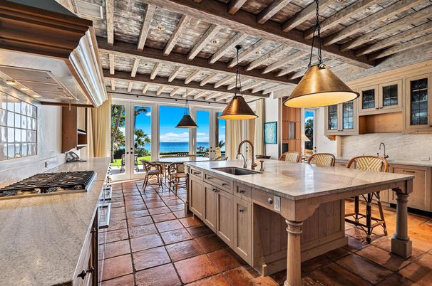 Dining room, Interior, Kitchen, Pendant Lights, Stainless Steel Appliances, Water, Wooden Beams, Wooden Ceilings