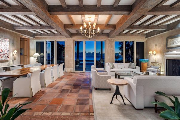Chandelier, Dining room, Fireplace, Interior, Living room, Wooden Beams