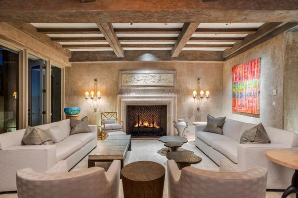 Fireplace, Interior, Living room, Recessed Lighting, Wooden Beams