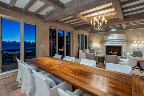 Chandelier, Dining room, Fireplace, Interior, Living room, Water, Wooden Beams