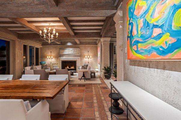 Chandelier, Fireplace, Interior, Living room, Wooden Beams