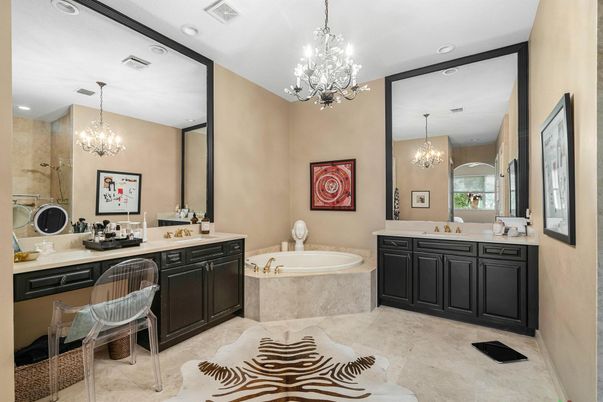 Bathroom, Chandelier, Dual Sink Vanities, Interior, Recessed Lighting