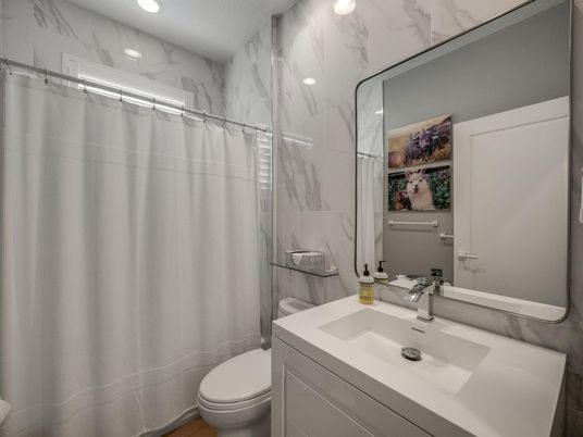 Bathroom, Interior, Marble Walls, Recessed Lighting, Wood Texture Flooring