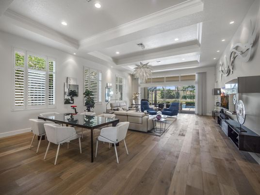 Dining room, Interior, Living room, Recessed Lighting, Wood Texture Flooring