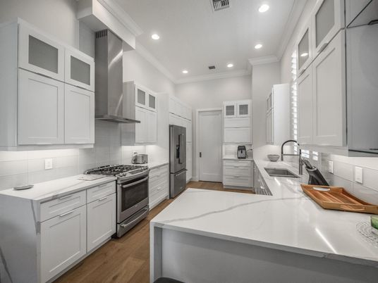 Interior, Kitchen, Recessed Lighting, Stainless Steel Appliances, Wood Texture Flooring