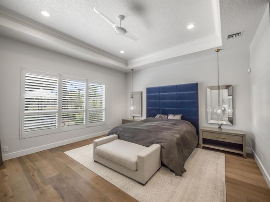Bedroom, Interior, Pendant Lights, Recessed Lighting, Wood Texture Flooring