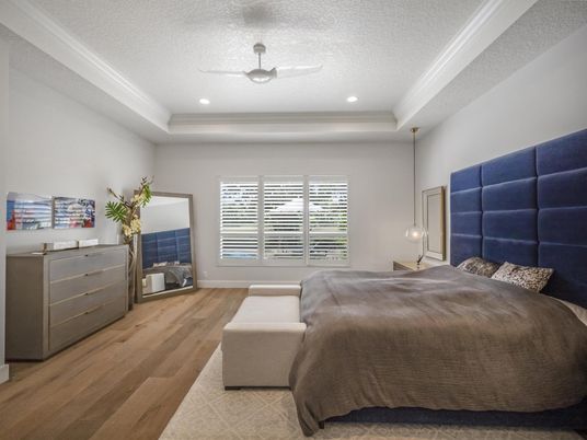 Bedroom, Interior, Pendant Lights, Recessed Lighting, Wood Texture Flooring
