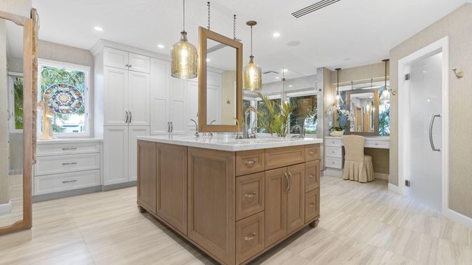 Bathroom, Dual Sink Vanities, Interior, Pendant Lights, Recessed Lighting