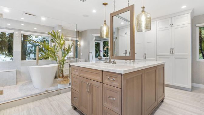 Bathroom, Dual Sink Vanities, Free Standing Baths, Interior, Pendant Lights, Recessed Lighting