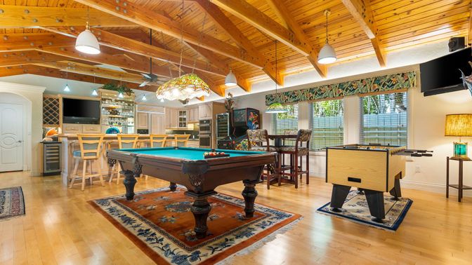 Billiard Table, Game Room, Interior, Pendant Lights, Wooden Beams, Wooden Ceilings, Wood Texture Flooring