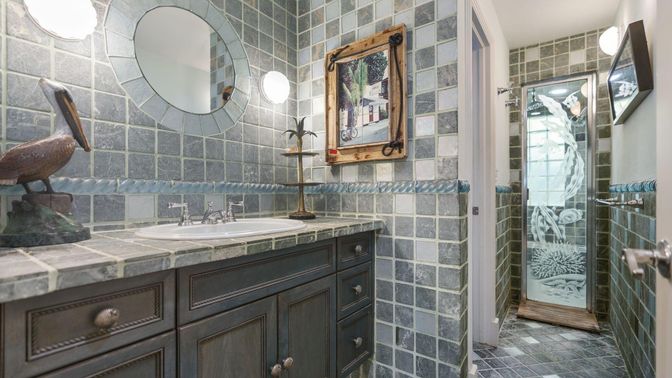 Bathroom, Interior, Stone Walls, Tile Countertops