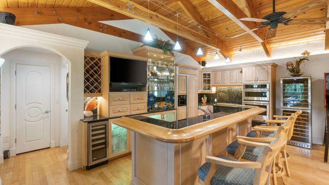Interior, Kitchen, Stainless Steel Appliances, Wooden Beams, Wooden Ceilings, Wood Texture Flooring