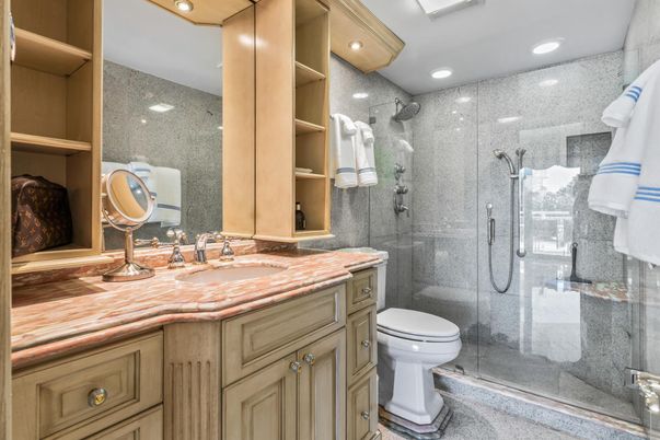 Bathroom, Glass Shower, Interior, Recessed Lighting, Tile Countertops