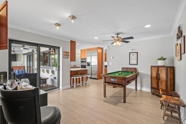 Billiard Table, Game Room, Interior, Kitchen, Recessed Lighting, Stainless Steel Appliances, Wood Texture Flooring
