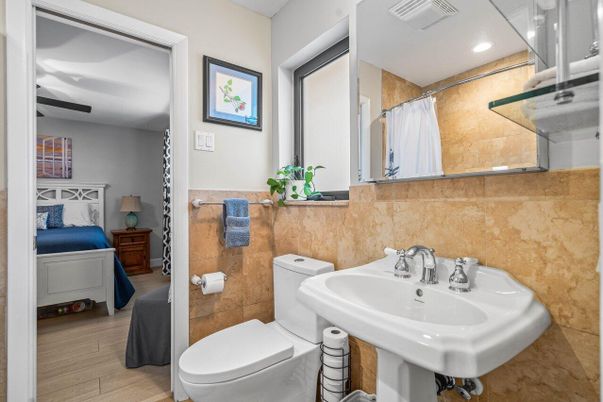Bathroom, Interior, Recessed Lighting, Wood Texture Flooring