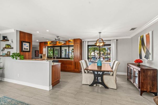 Dining room, Interior, Pendant Lights, Recessed Lighting, Wood Texture Flooring