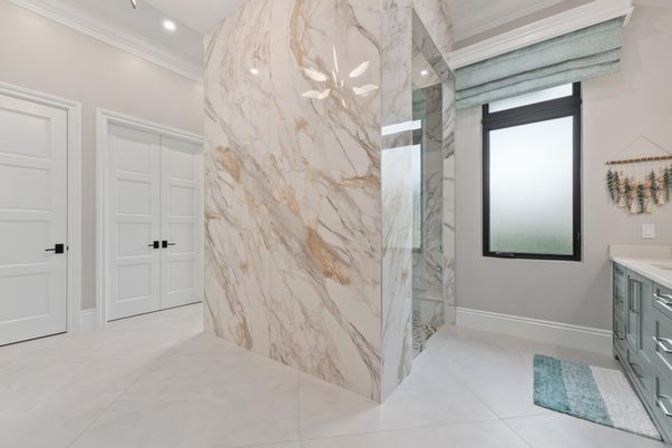 Bathroom, Glass Shower, Interior, Marble Walls, Recessed Lighting