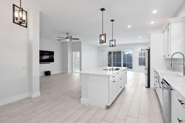 Interior, Kitchen, Pendant Lights, Recessed Lighting, Wood Texture Flooring