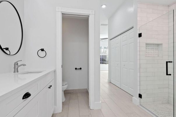 Bathroom, Glass Shower, Interior, Recessed Lighting, Wood Texture Flooring