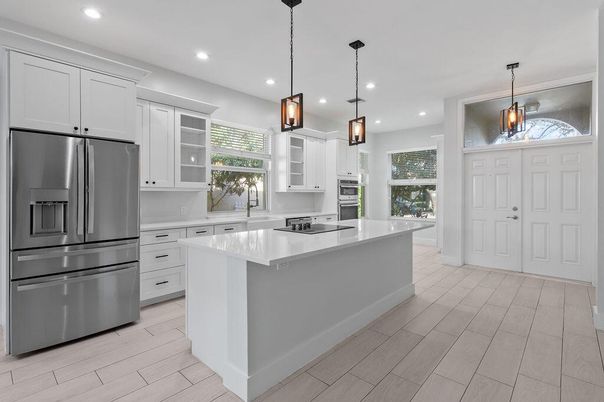 Interior, Kitchen, Pendant Lights, Recessed Lighting, Stainless Steel Appliances, Wood Texture Flooring