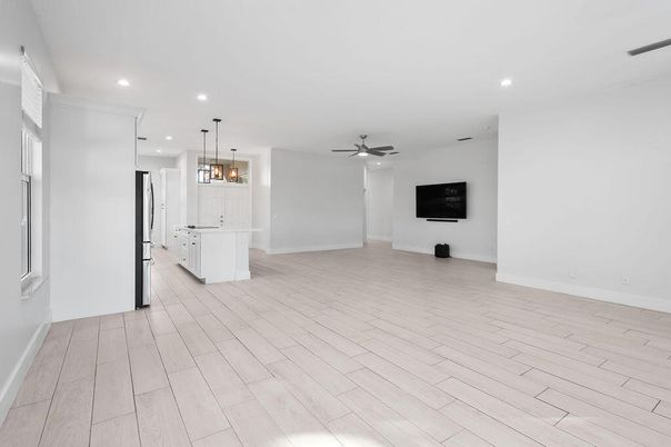 Empty room, Interior, Kitchen, Pendant Lights, Recessed Lighting, Wood Texture Flooring