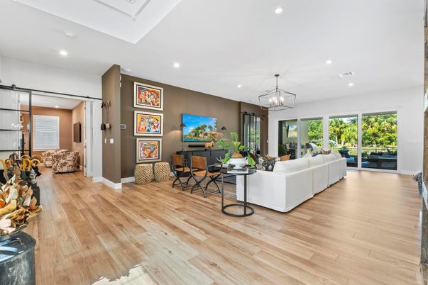 Interior, Living room, Pendant Lights, Recessed Lighting, Wood Texture Flooring