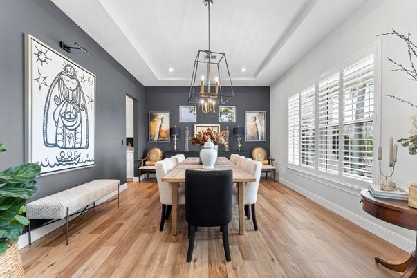 Dining room, Interior, Pendant Lights, Recessed Lighting, Wood Texture Flooring