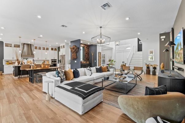 Dining room, Interior, Kitchen, Living room, Pendant Lights, Recessed Lighting, Stainless Steel Appliances, Wood Texture Flooring