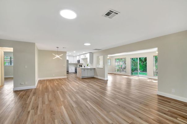 Empty room, Interior, Kitchen, Pendant Lights, Recessed Lighting, Wood Texture Flooring