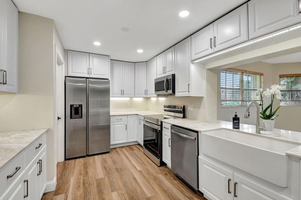 Interior, Kitchen, Recessed Lighting, Stainless Steel Appliances, Wood Texture Flooring