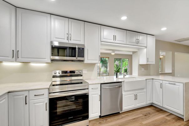 Interior, Kitchen, Recessed Lighting, Stainless Steel Appliances, Wood Texture Flooring