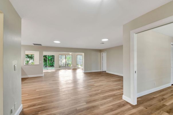Empty room, Interior, Recessed Lighting, Wood Texture Flooring
