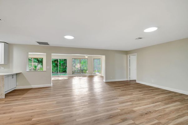 Empty room, Interior, Recessed Lighting, Wood Texture Flooring
