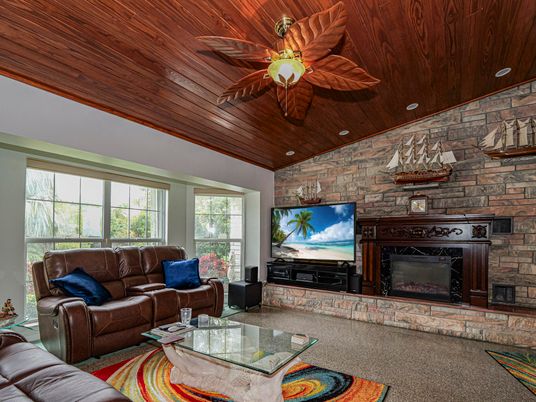 Fireplace, Interior, Living room, Recessed Lighting, Stone Walls, Wooden Ceilings