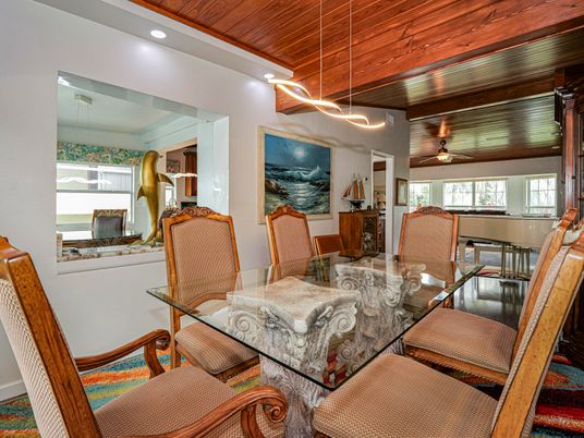Dining room, Interior, Pendant Lights, Recessed Lighting, Wooden Ceilings