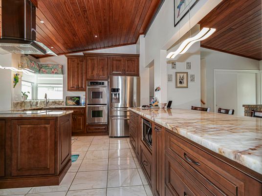 Interior, Kitchen, Recessed Lighting, Stainless Steel Appliances, Wooden Ceilings