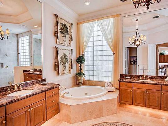 Bathroom, Chandelier, Dual Sink Vanities, Interior, Recessed Lighting
