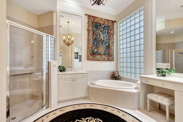 Bathroom, Chandelier, Glass Shower, Interior, Recessed Lighting