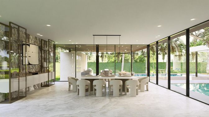 Dining room, Interior, Marble, Recessed Lighting