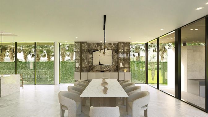 Dining room, Interior, Pendant Lights, Recessed Lighting, Wood Texture Flooring