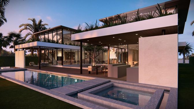 Exterior, Facade, Pool, Modern